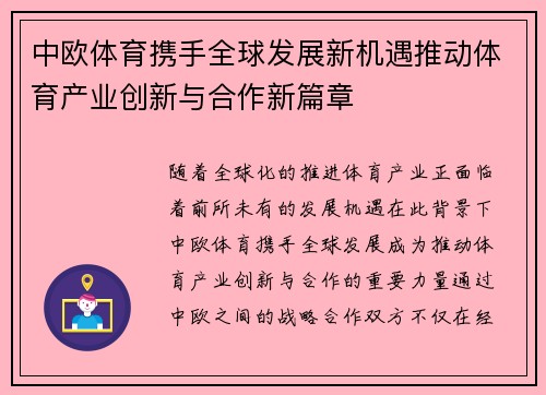 中欧体育携手全球发展新机遇推动体育产业创新与合作新篇章