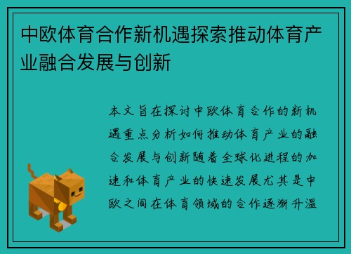 中欧体育合作新机遇探索推动体育产业融合发展与创新